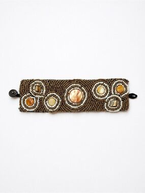Handmade Beaded Cuff Bracelet Gold Shell Artisan Resort Statement Made in Panama